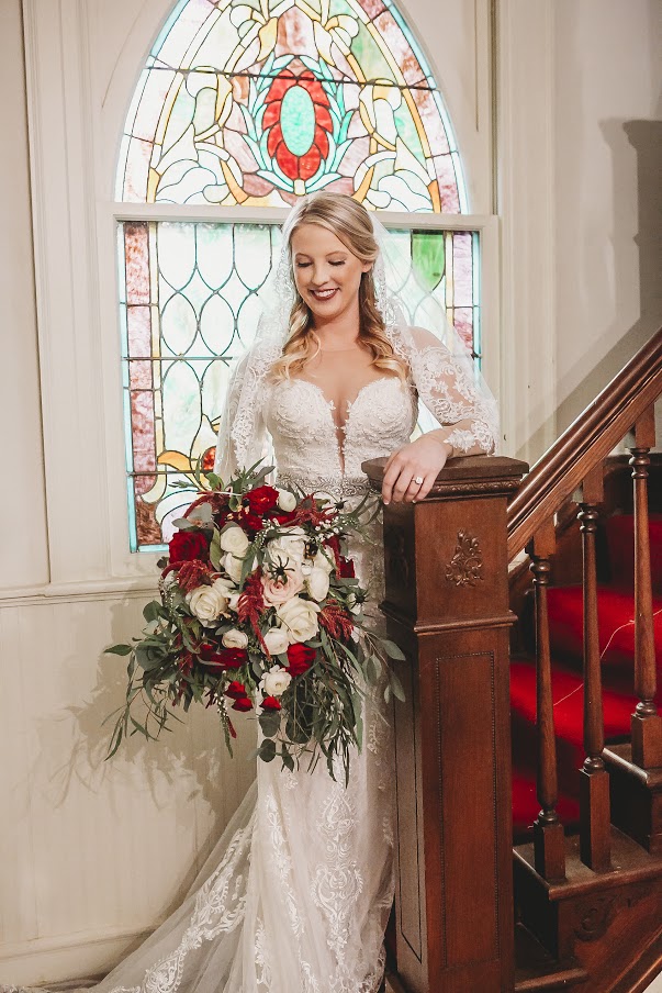 Bride on stairwell at All Souls Church scott Arkansas - Ashley Duncan Photography